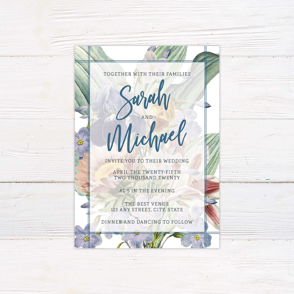 Printed watercolor floral wedding invitation with hand-painted pastel flowers and elegant blue calligraphy names