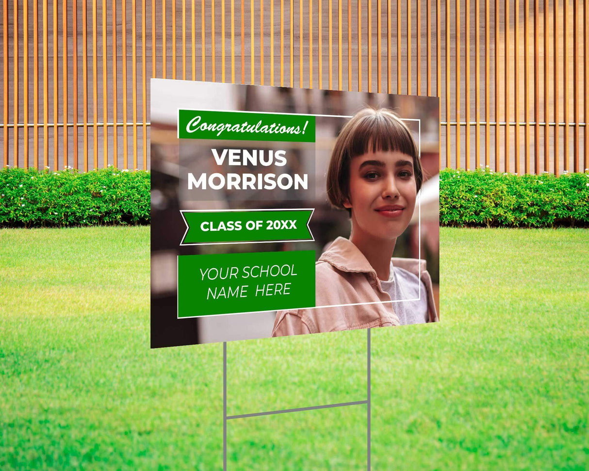 Custom graduation yard sign with a full-photo design, featuring a bold green and white layout, personalized graduate’s name, class year, and school name. Printed on durable Coreplast plastic, available in custom colors and single or double-sided print, perfect for high school and college graduates.