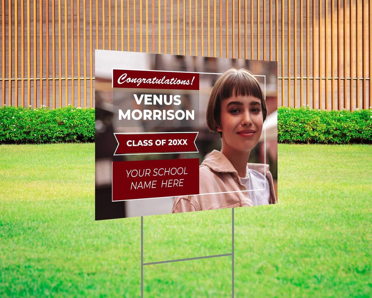 Custom graduation yard sign with a full-photo design, featuring a bold red and white layout, personalized graduate’s name, class year, and school name. Printed on durable Coreplast plastic, available in custom colors and single or double-sided print, perfect for high school and college graduates.
