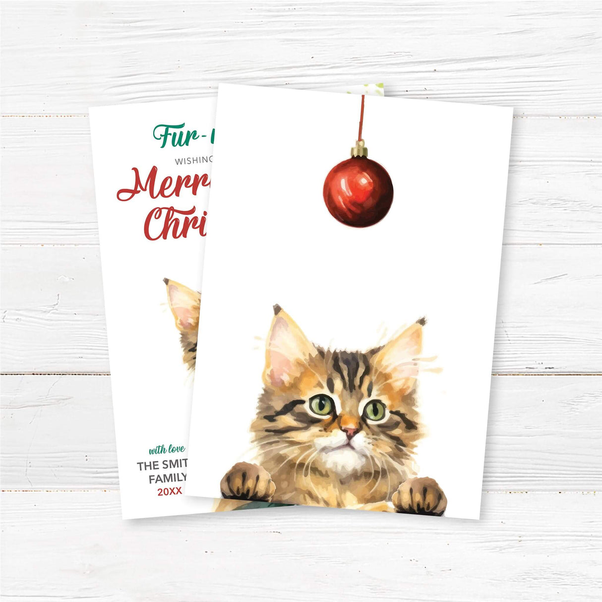 Watercolor Christmas card featuring a cute tabby cat playing with a red ornament, with text “Fur-mally Wishing You a Merry Christmas.” back side
