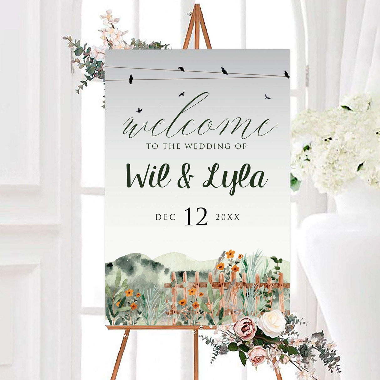 Rustic Garden wedding welcome sign with watercolor landscape and countryside elements