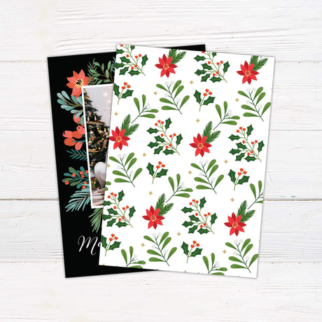 Custom family photo Christmas card with botanical greenery and berries on a charcoal background, featuring “Merry Christmas” and a framed image - back side