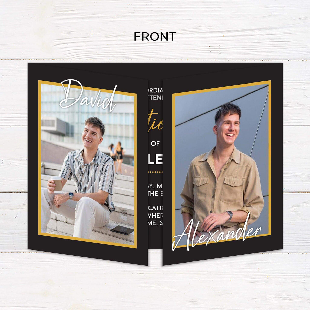 Custom gatefold graduation invitation with six photos, customizable colors, and a modern, stylish design. Personalized folded grad announcement.  Front.