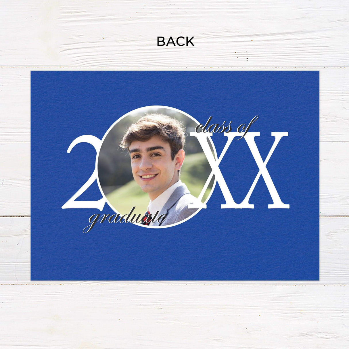 Customizable gatefold graduation invitation featuring five photos and a bold, elegant layout. The front highlights the graduate’s name and year, and the inside provides space for event details. Personalize the colors to match school or personal preferences. Back.