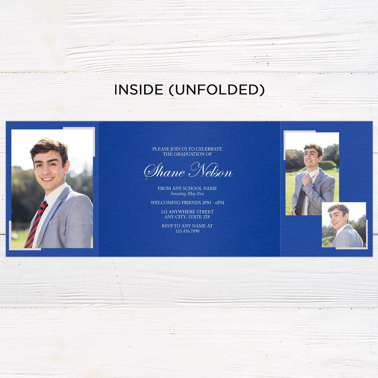 Customizable gatefold graduation invitation featuring five photos and a bold, elegant layout. The front highlights the graduate’s name and year, and the inside provides space for event details. Personalize the colors to match school or personal preferences. Inside Unflolded.