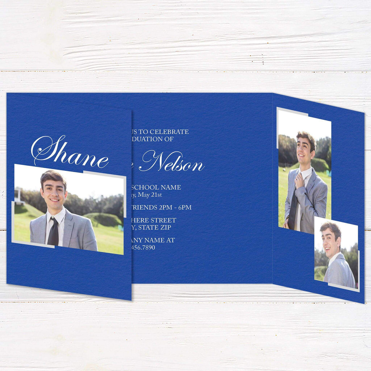Customizable gatefold graduation invitation featuring five photos and a bold, elegant layout. The front highlights the graduate’s name and year, and the inside provides space for event details. Personalize the colors to match school or personal preferences.