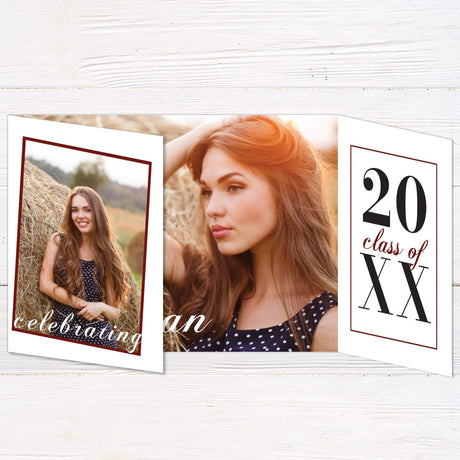 Customizable gatefold graduation invitation with four photos and a sophisticated design. Perfect for graduation parties and announcements.