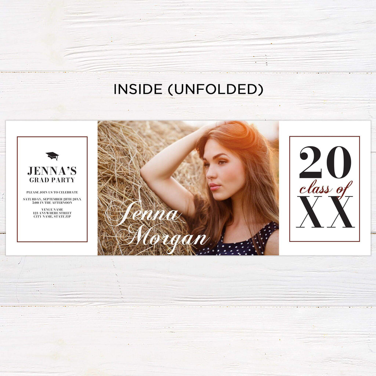 Customizable gatefold graduation invitation with four photos and a sophisticated design. Perfect for graduation parties and announcements. Inside Unfolded.