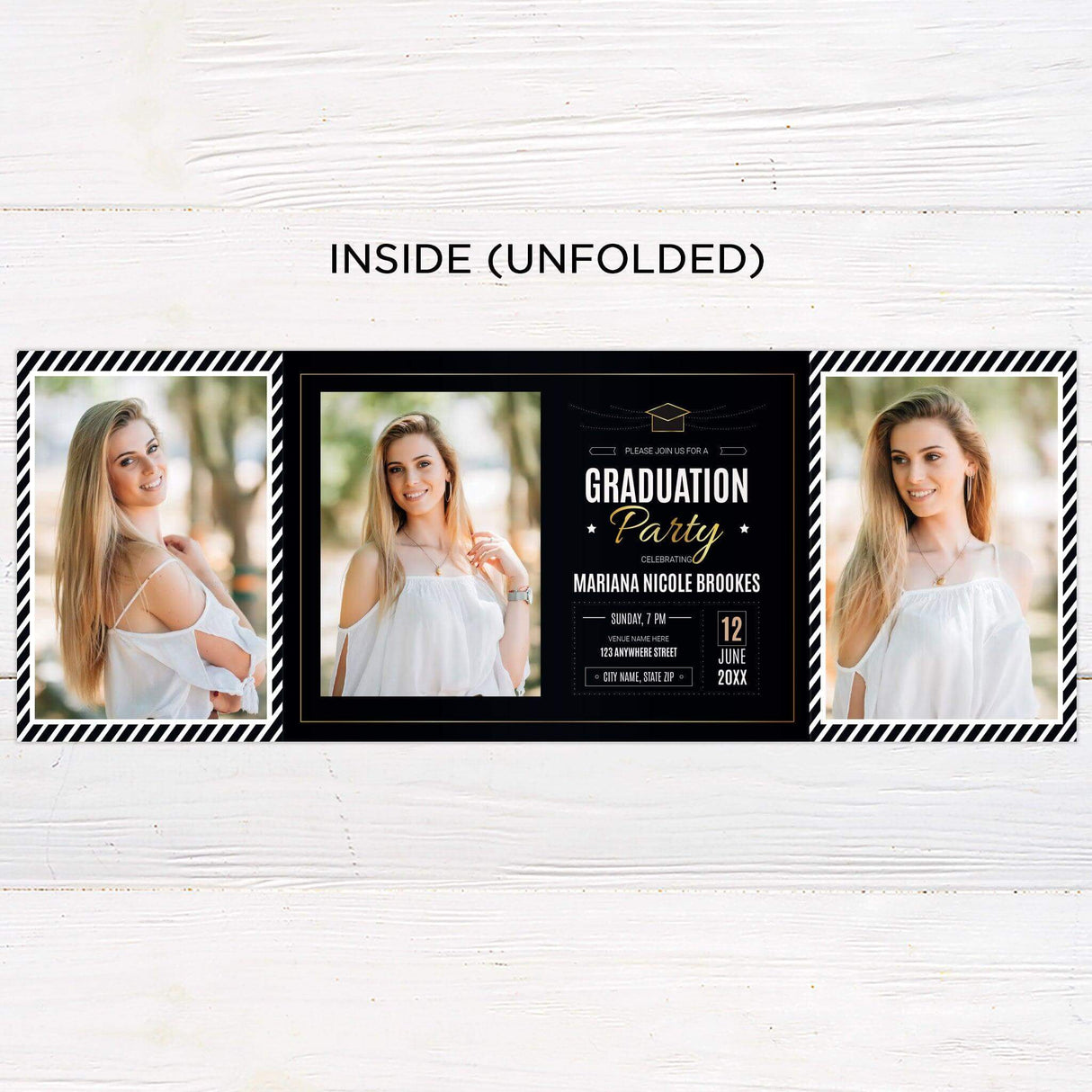 Custom gatefold graduation invitation with five photos and customizable colors. Elegant and modern graduation party announcement. Inside Unfolded.