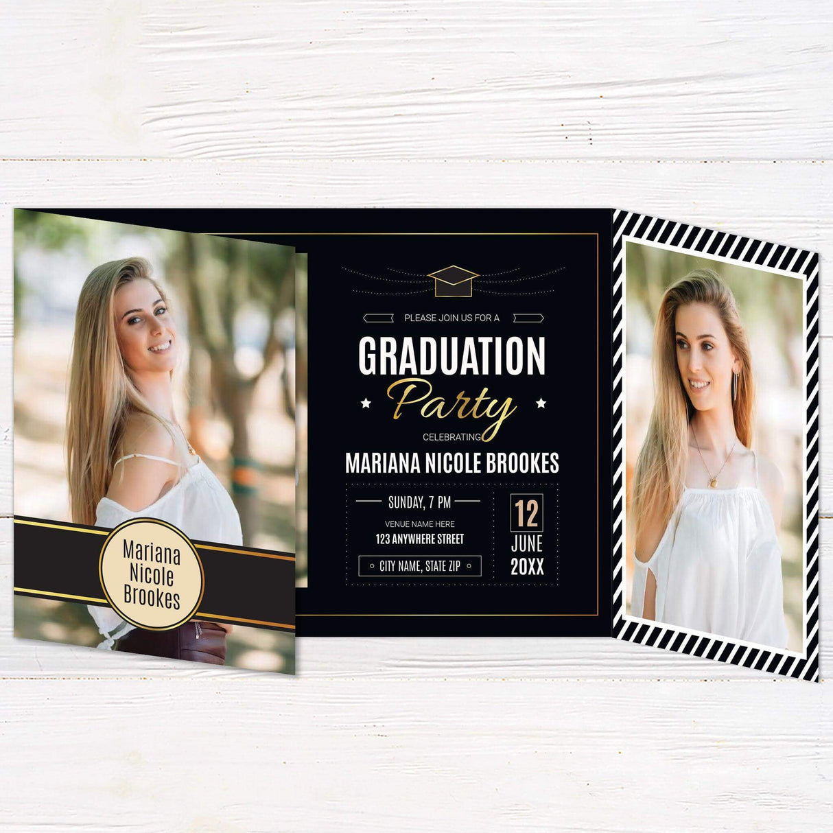 Custom gatefold graduation invitation with five photos and customizable colors. Elegant and modern graduation party announcement.