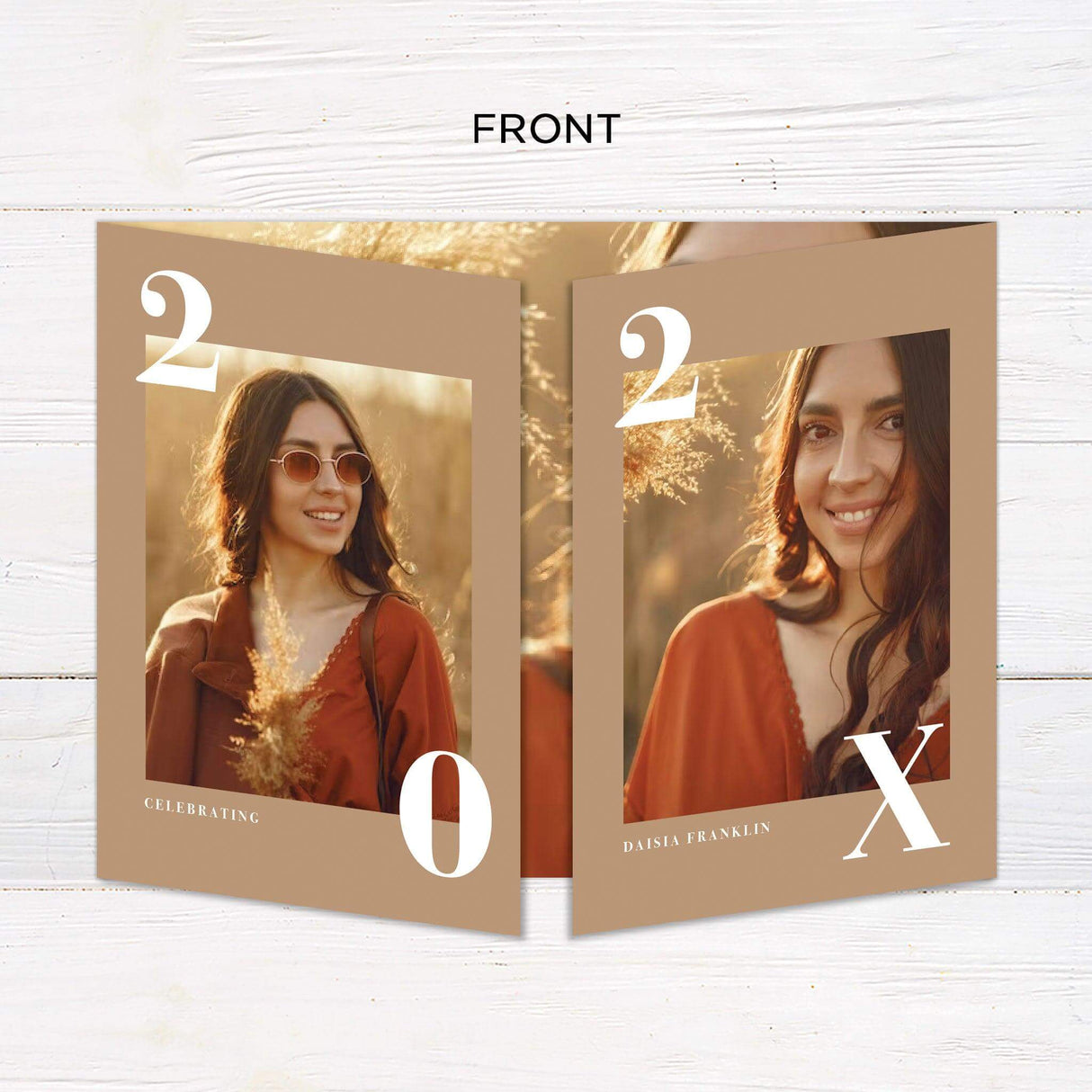 Customizable gatefold graduation invitation with five photos, featuring a minimalist design and a designated space for a favorite scripture. Personalizable color options available.3