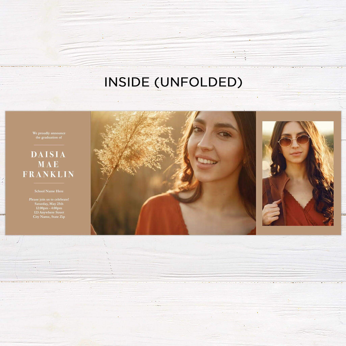 Customizable gatefold graduation invitation with five photos, featuring a minimalist design and a designated space for a favorite scripture. Personalizable color options available. 2