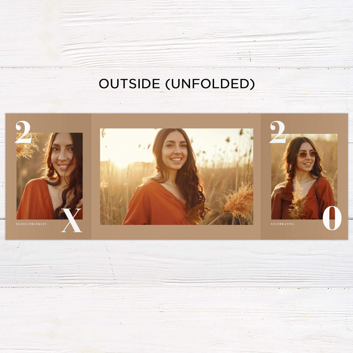 Customizable gatefold graduation invitation with five photos, featuring a minimalist design and a designated space for a favorite scripture. Personalizable color options available. 5