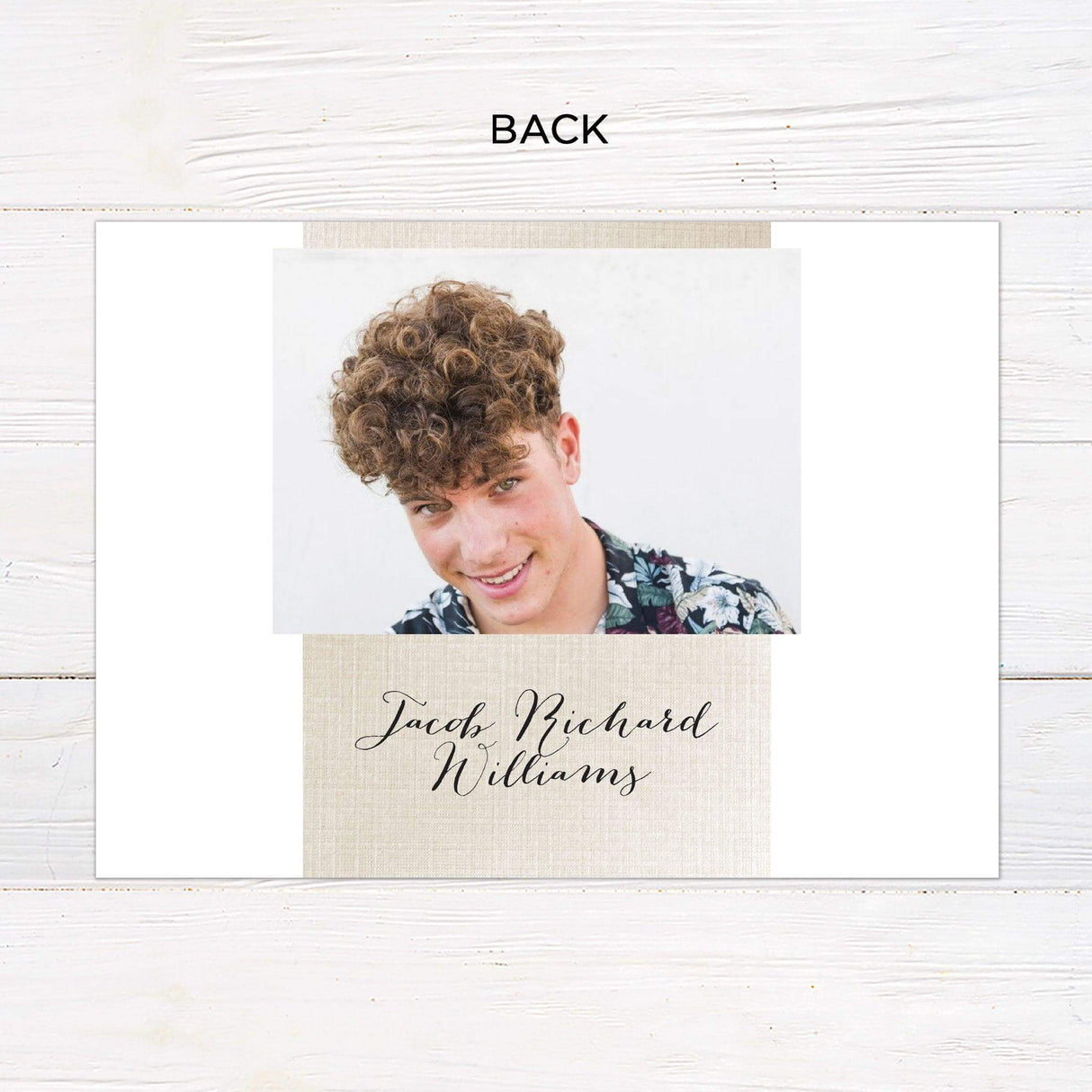 Customizable gatefold graduation invitation with four photos, elegant linen texture, and personalized details. Modern and stylish graduation announcement with fold-out design. Back.