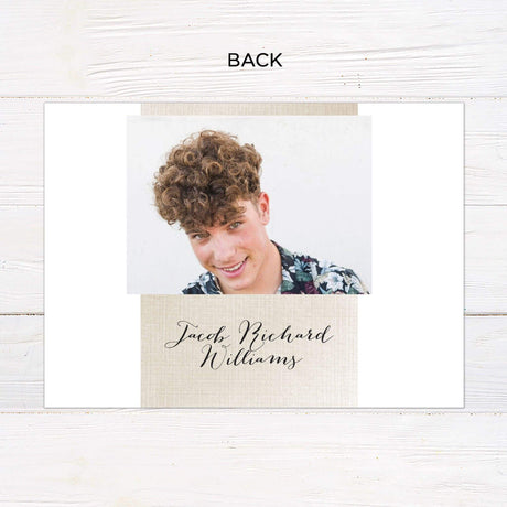 Customizable gatefold graduation invitation with four photos, elegant linen texture, and personalized details. Modern and stylish graduation announcement with fold-out design. Back.