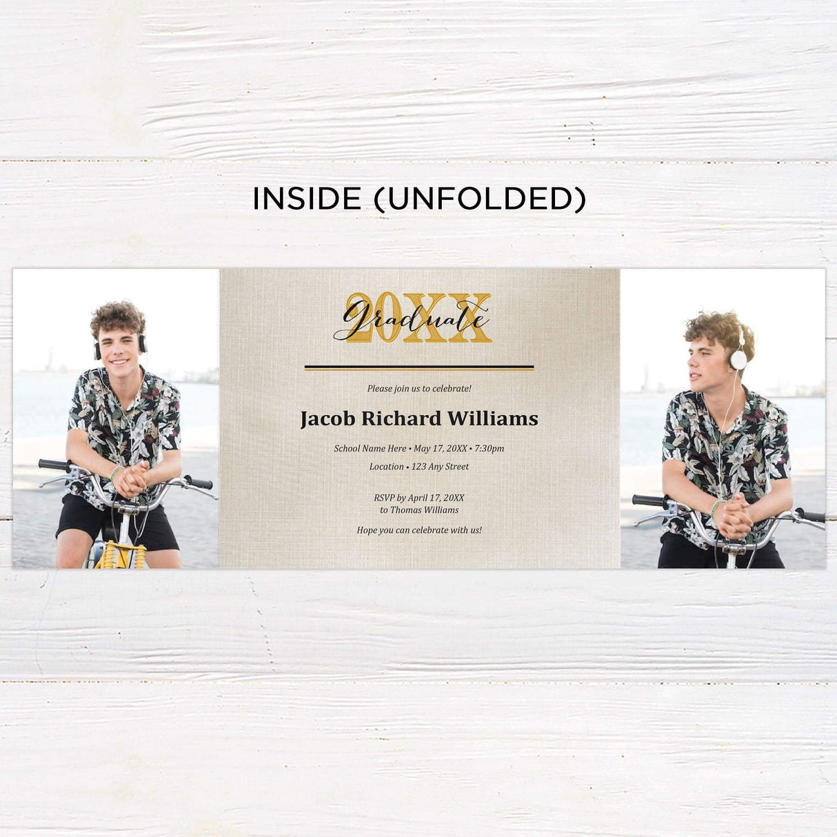 Customizable gatefold graduation invitation with four photos, elegant linen texture, and personalized details. Modern and stylish graduation announcement with fold-out design. Inside Unfolded.