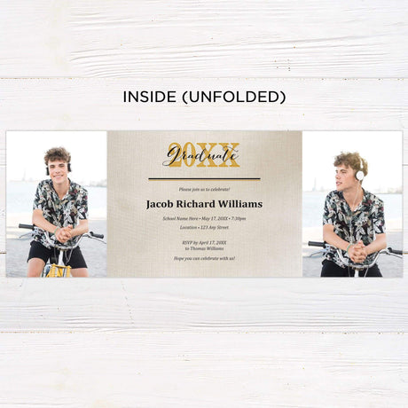 Customizable gatefold graduation invitation with four photos, elegant linen texture, and personalized details. Modern and stylish graduation announcement with fold-out design. Inside Unfolded.