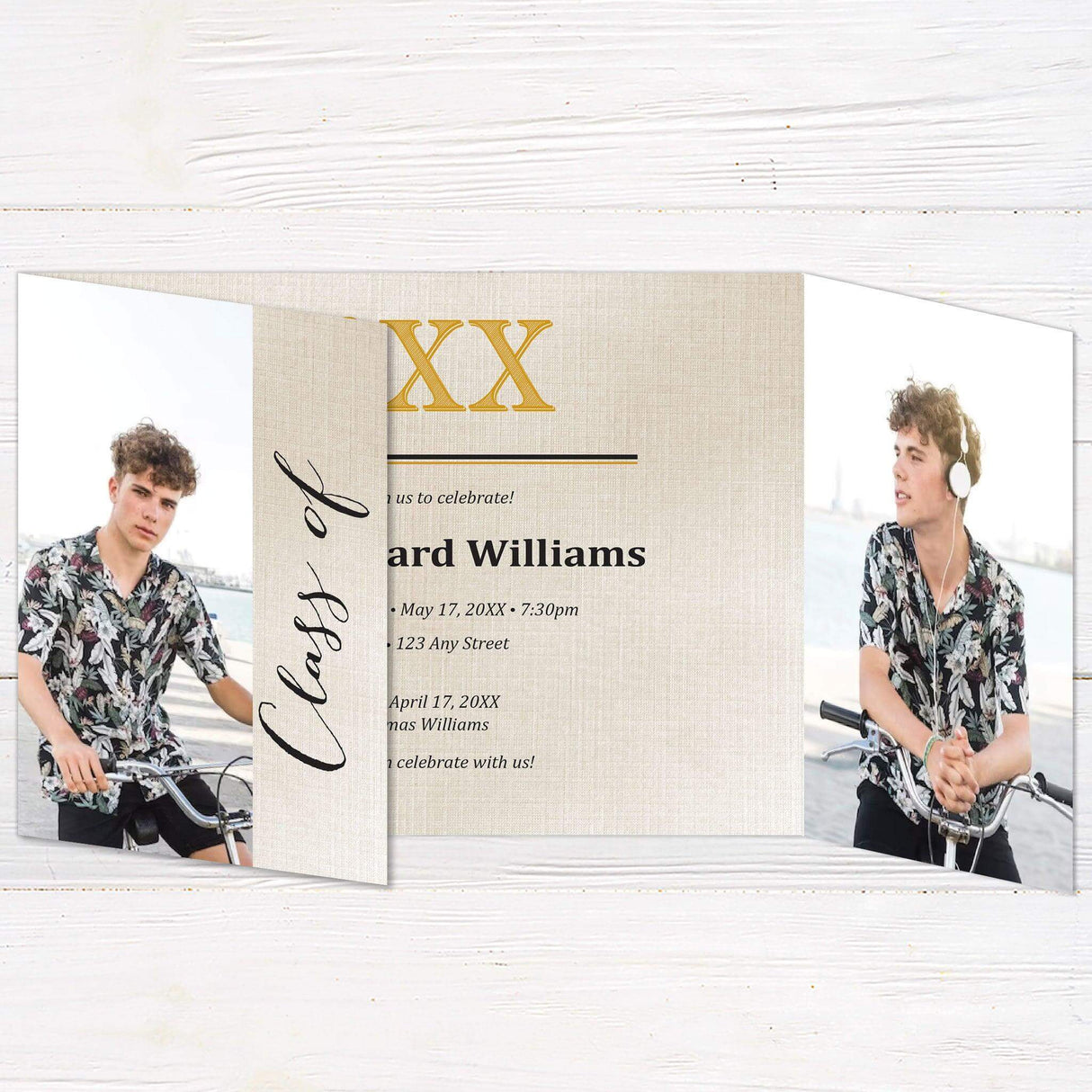 Customizable gatefold graduation invitation with four photos, elegant linen texture, and personalized details. Modern and stylish graduation announcement with fold-out design.