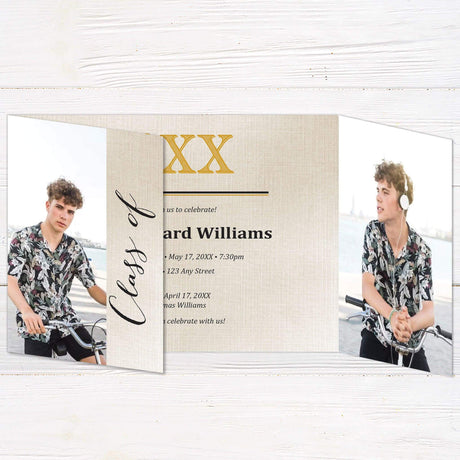 Customizable gatefold graduation invitation with four photos, elegant linen texture, and personalized details. Modern and stylish graduation announcement with fold-out design.