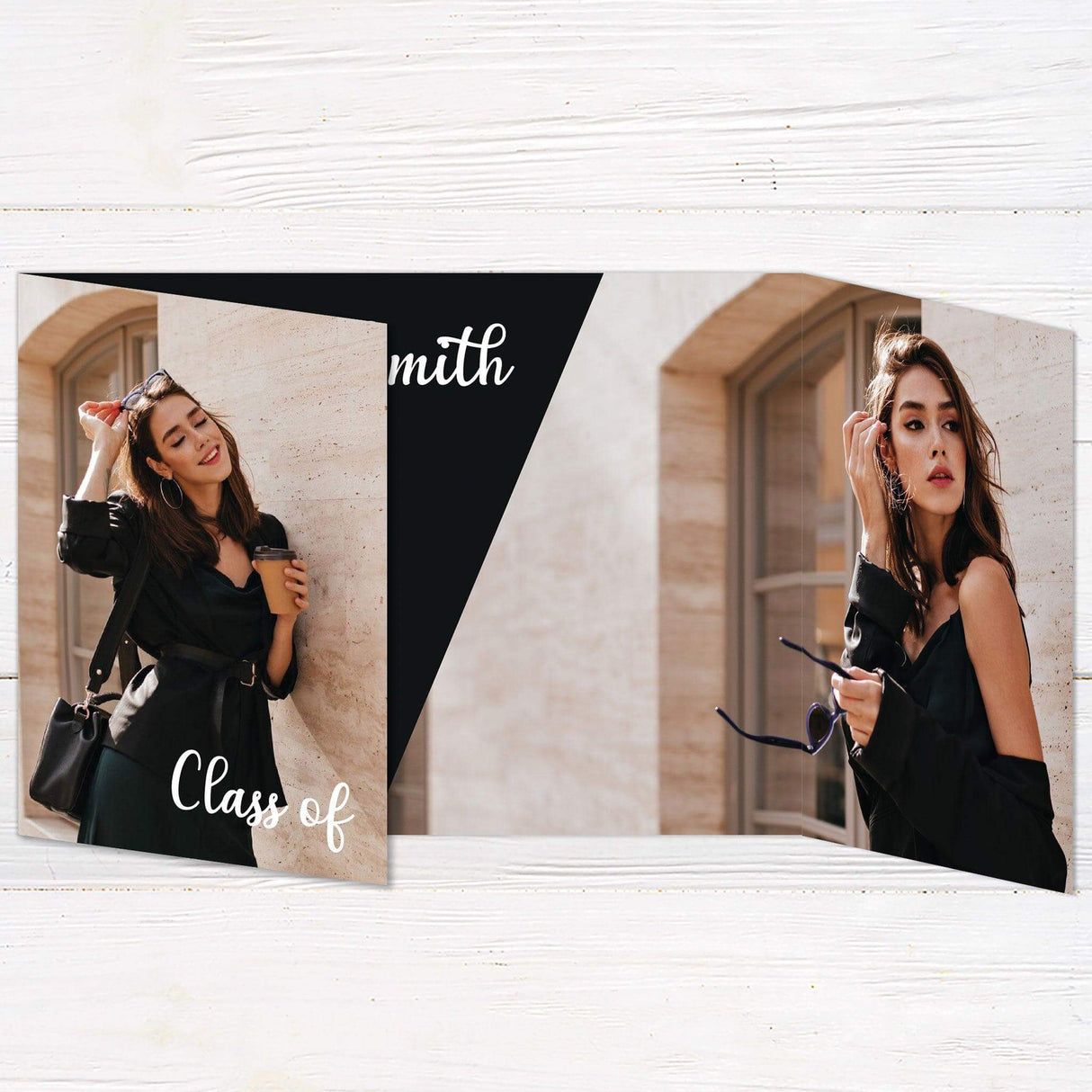 Customizable gatefold graduation invitation with a modern three-photo layout. Elegant and stylish design for high school or college seniors
