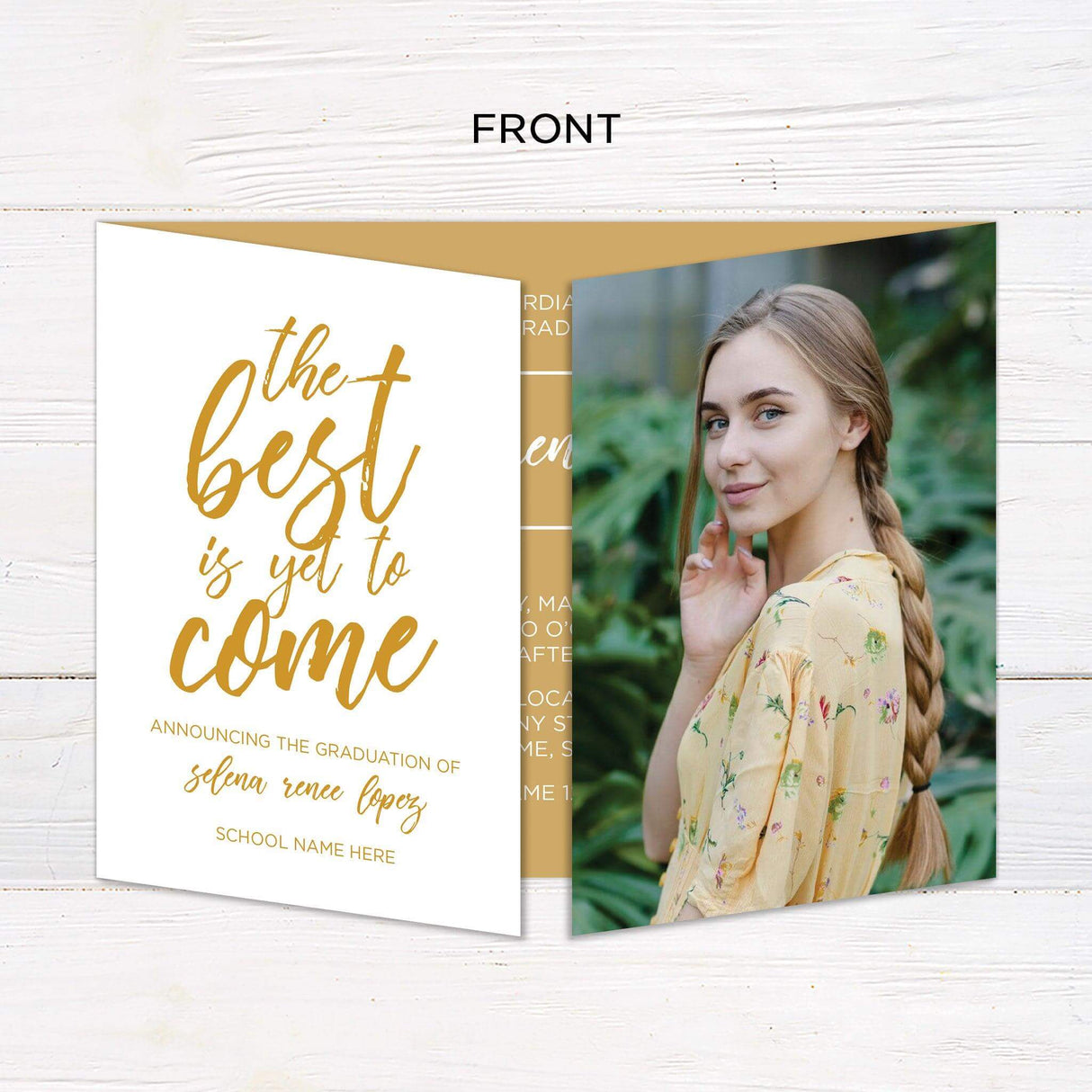 Customizable gatefold graduation invitation with four photos and a modern, elegant design. Features a fold-out layout with space for personal details and images. Available in various colors to match any theme.  Front.