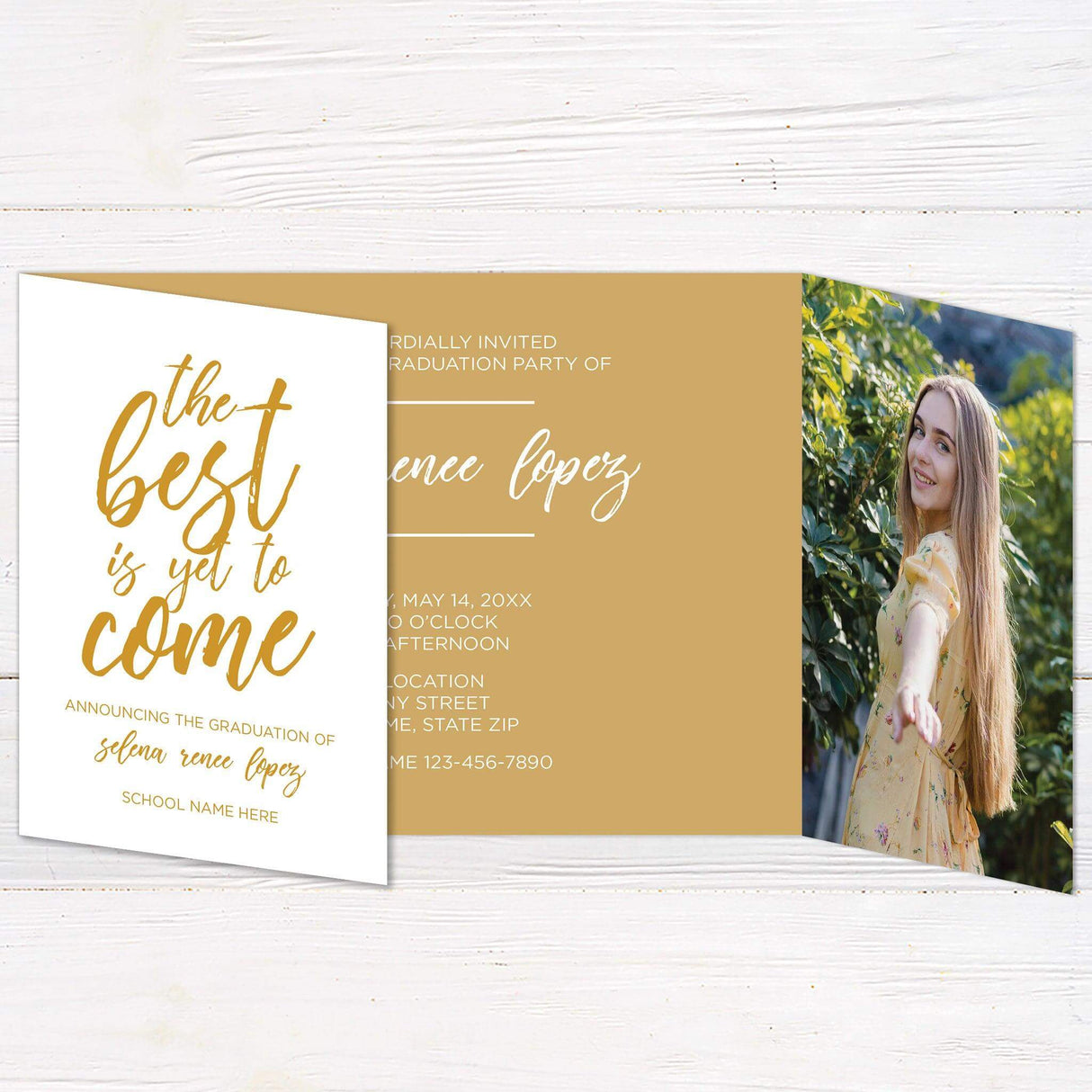 Customizable gatefold graduation invitation with four photos and a modern, elegant design. Features a fold-out layout with space for personal details and images. Available in various colors to match any theme.