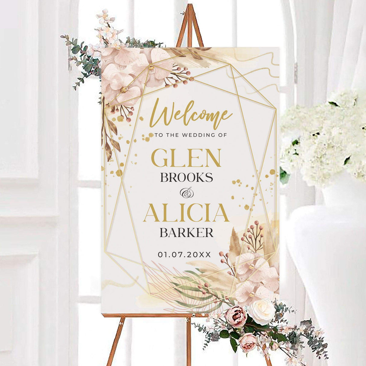 Personalized geometric boho floral wedding welcome sign featuring blush watercolor flowers, neutral foliage, berry accents, and gold-inspired geometric lines. The elegant design includes the couple's names and wedding date centered within the floral border.