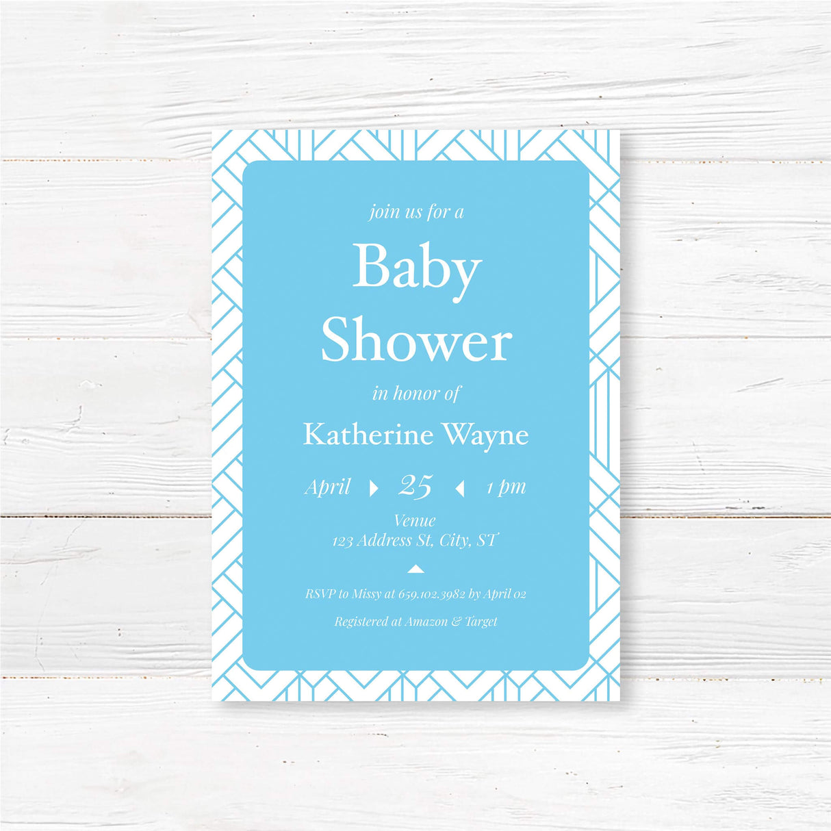 Modern geometric baby shower invitation professionally printed on premium cardstock. Customizable with event details. Elegant and contemporary design.