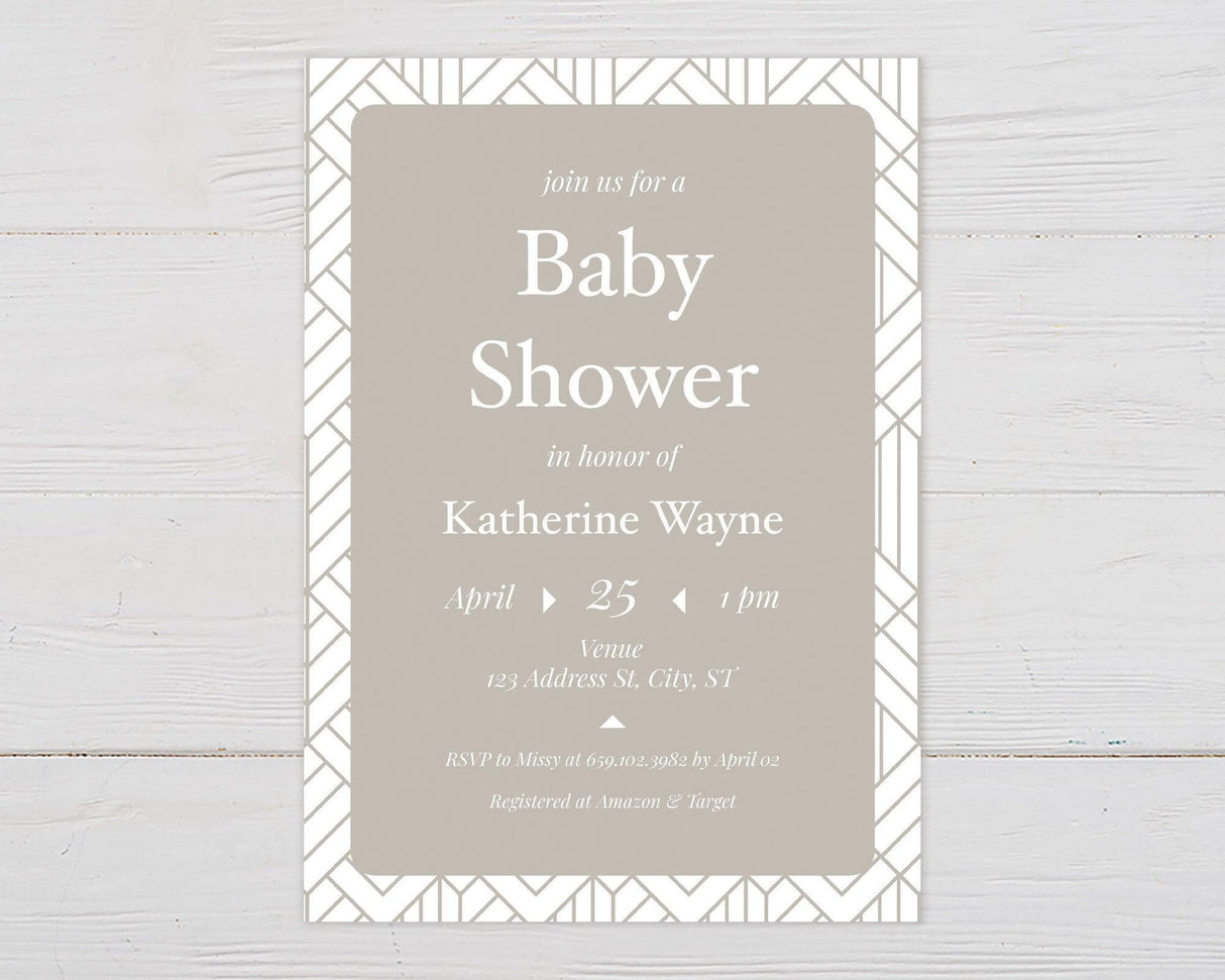 Modern geometric baby shower invitation professionally printed on premium cardstock. Customizable with event details. Elegant and contemporary design.