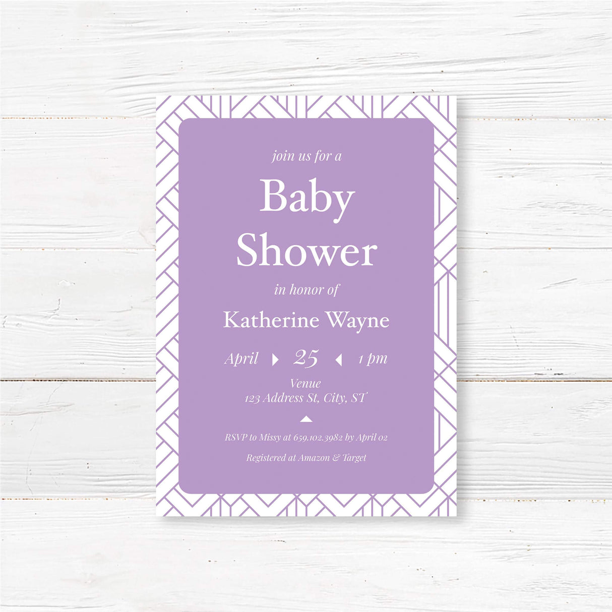 Modern geometric baby shower invitation professionally printed on premium cardstock. Customizable with event details. Elegant and contemporary design.