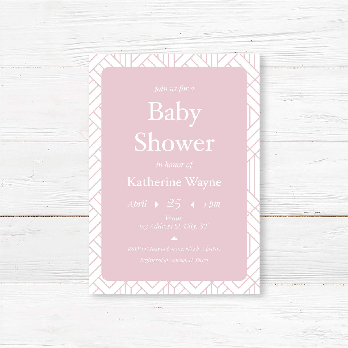 Modern geometric baby shower invitation professionally printed on premium cardstock. Customizable with event details. Elegant and contemporary design.