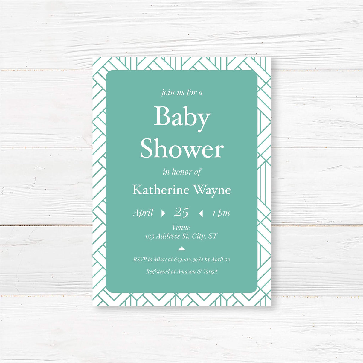 Modern geometric baby shower invitation professionally printed on premium cardstock. Customizable with event details. Elegant and contemporary design.