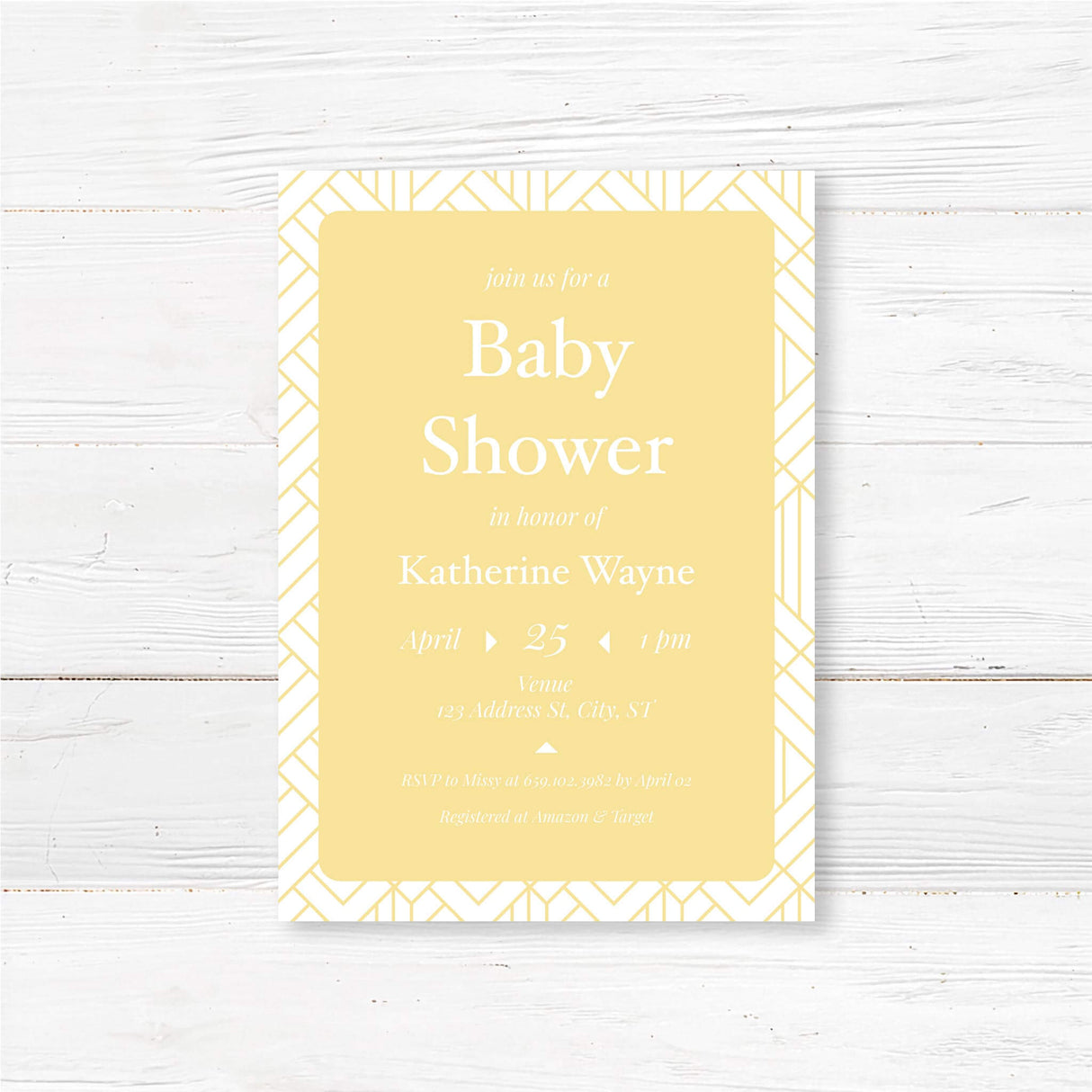 Modern geometric baby shower invitation professionally printed on premium cardstock. Customizable with event details. Elegant and contemporary design.