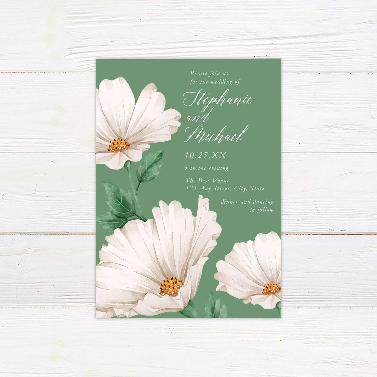 Printed wedding invitation with white Gerber daisy flowers on green background and elegant script text