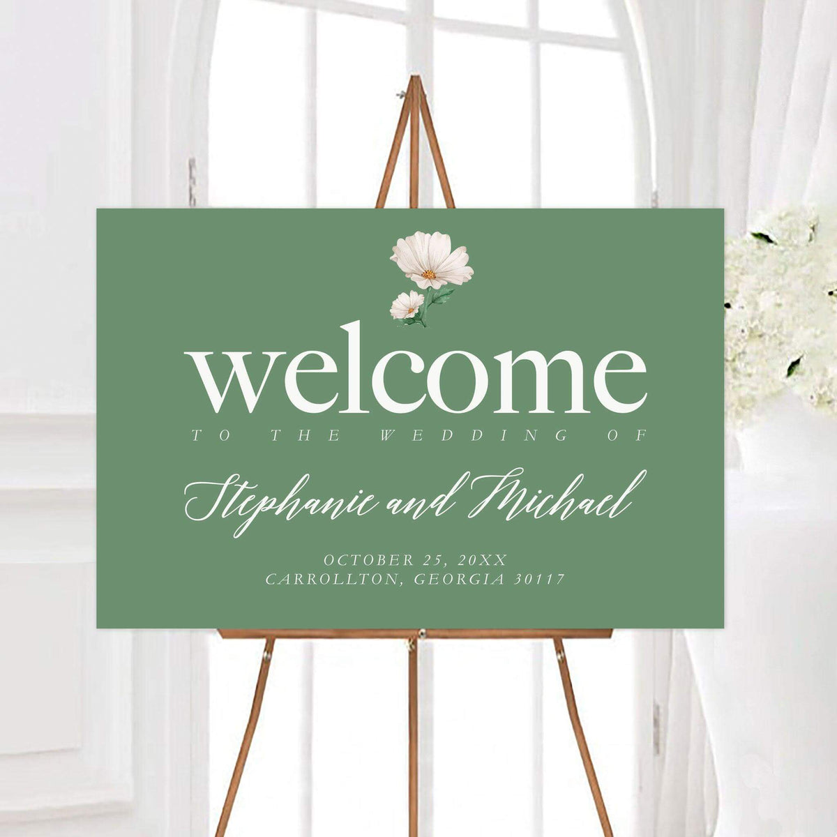 Personalized Gerber daisy wedding welcome sign featuring delicate white Gerber daisies and elegant lettering. The modern floral design includes custom names and wedding details.