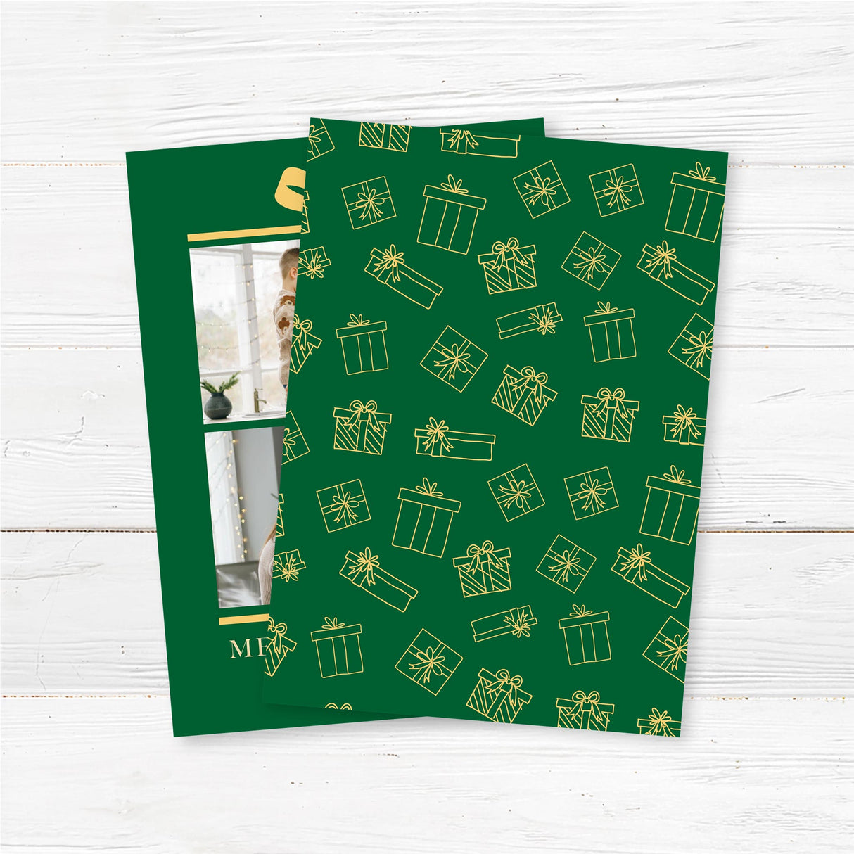 Gift Box Christmas card with green background, golden bow illustration, two family photo placements, and personalized holiday greeting text. - back.