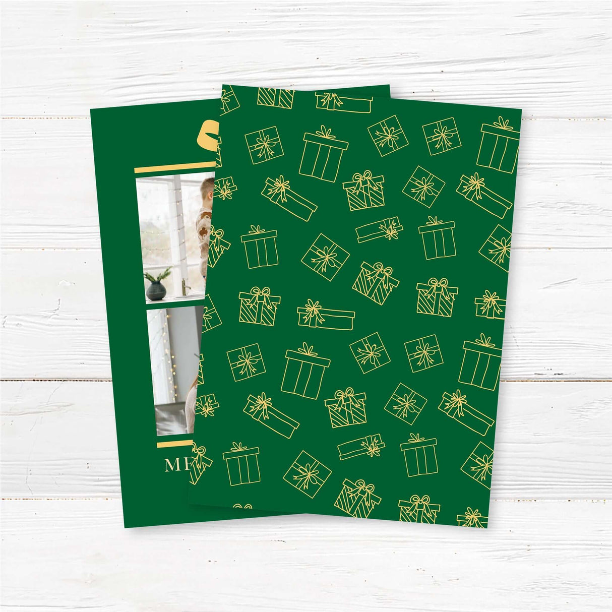 Gift Box Christmas card with green background, golden bow illustration, two family photo placements, and personalized holiday greeting text. - back.