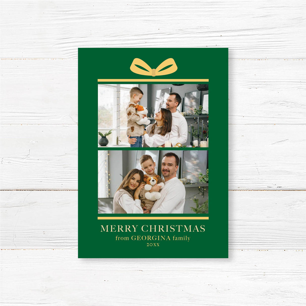 Gift Box Christmas card with green background, golden bow illustration, two family photo placements, and personalized holiday greeting text.