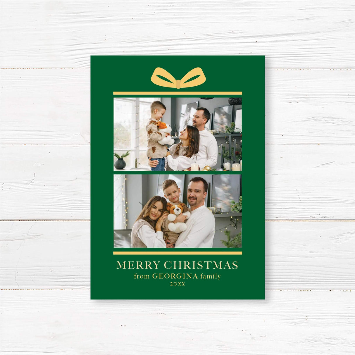 Gift Box Christmas card with green background, golden bow illustration, two family photo placements, and personalized holiday greeting text.