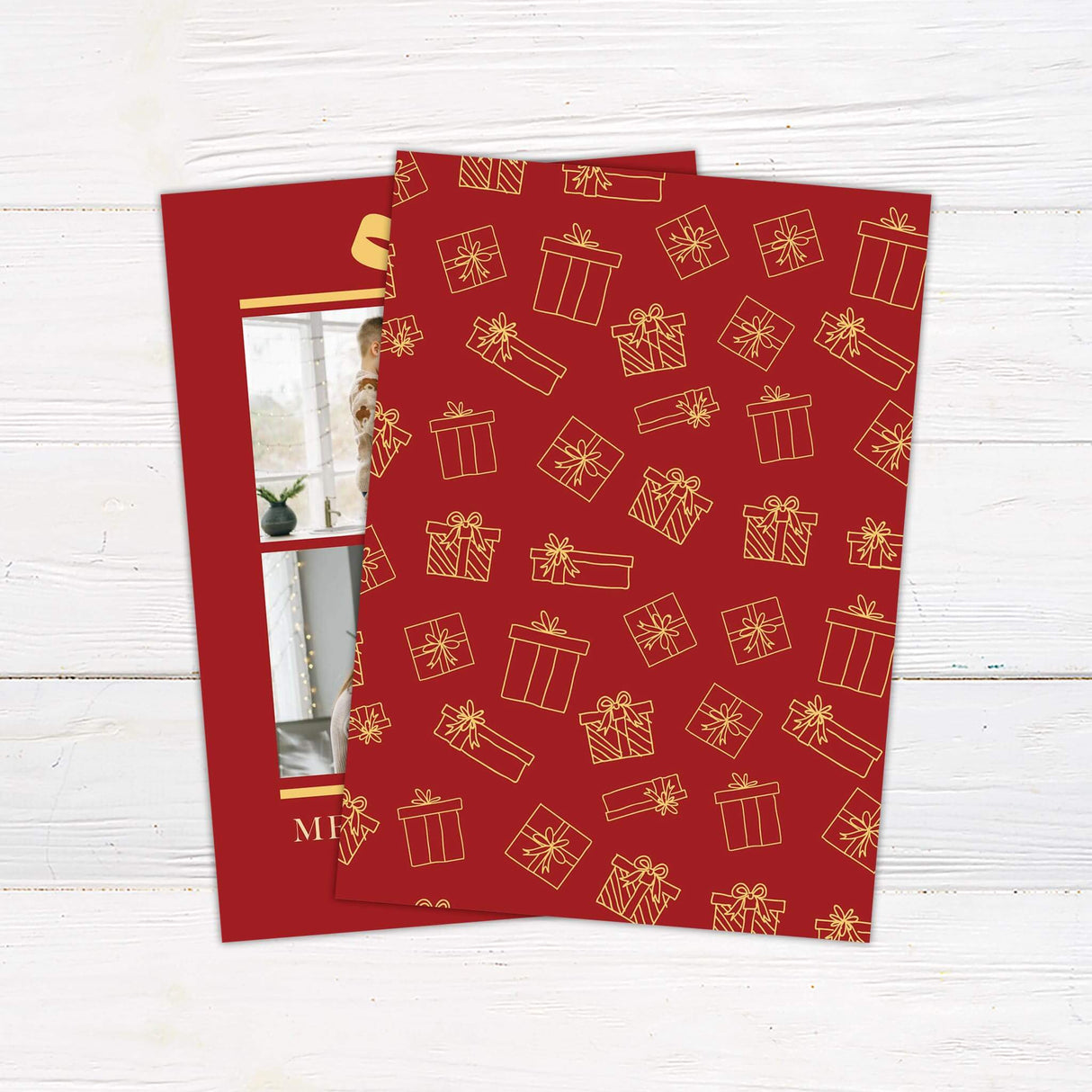 Gift Box Christmas card with red background, golden bow illustration, two family photo placements, and personalized holiday greeting text. - back.