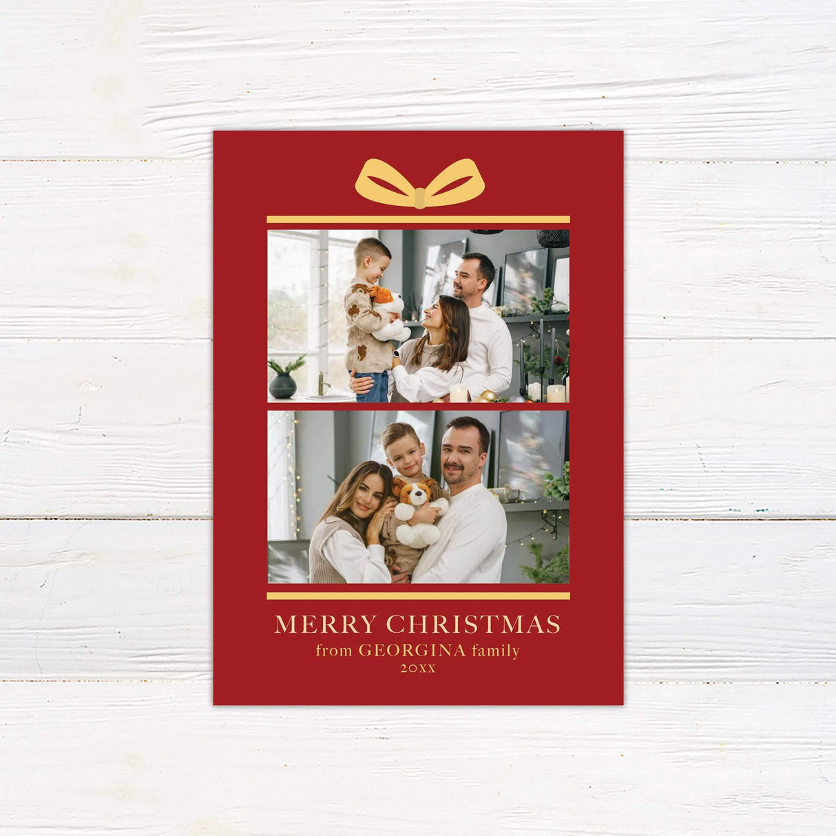 Gift Box Christmas card with red background, golden bow illustration, two family photo placements, and personalized holiday greeting text.