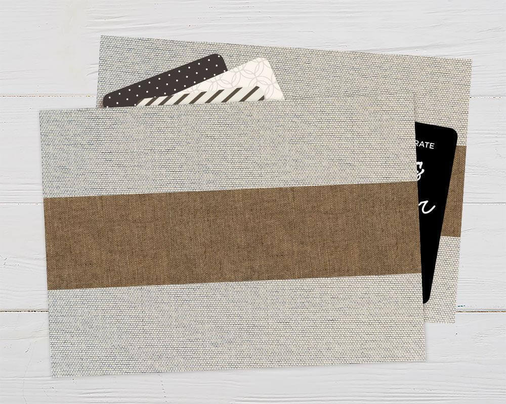 A gift card shower invitation with white script text and event details. A matching gift card shower insert is shown next to the invitation. - back.