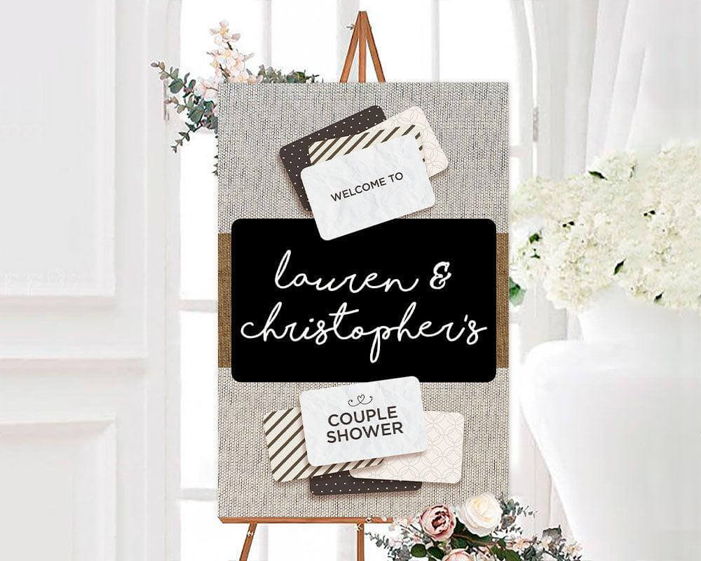 A gift card shower sign with white script text and event details. A matching gift card shower insert is shown next to the invitation.