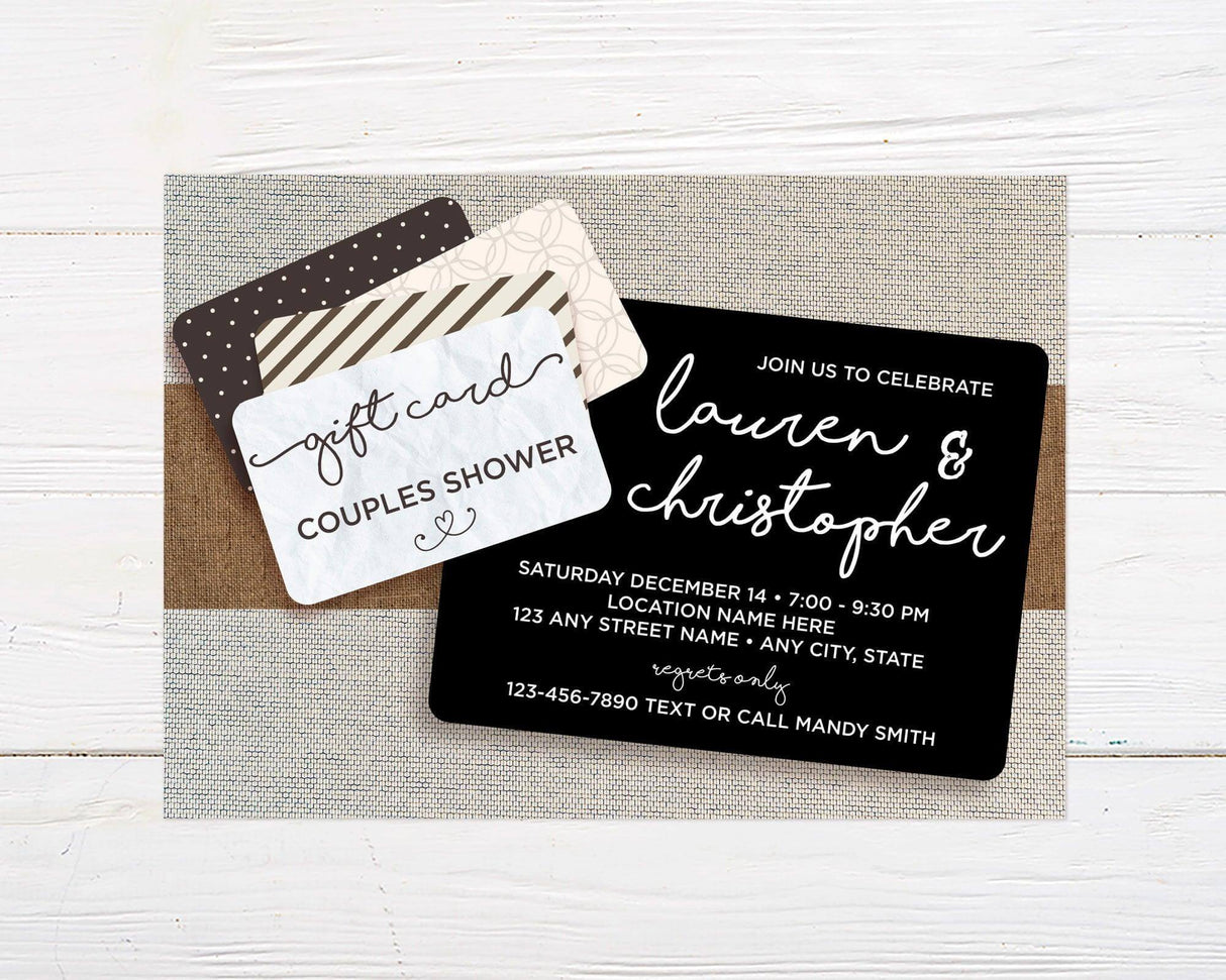 A gift card shower invitation with white script text and event details. A matching gift card shower insert is shown next to the invitation.