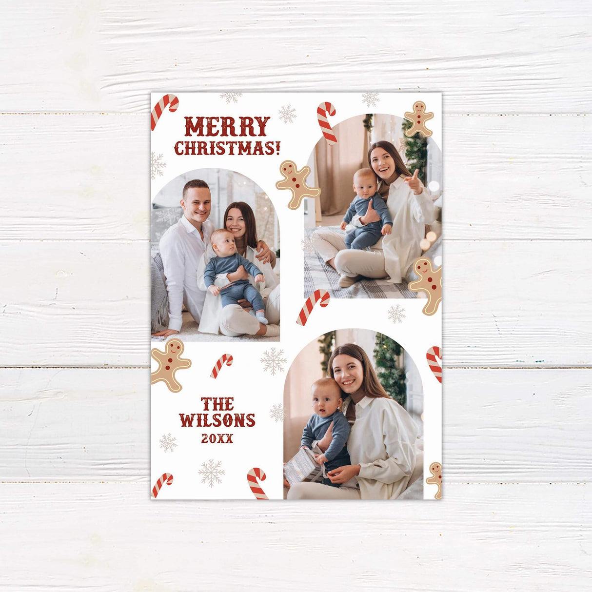 Family Christmas photo card with candy canes, gingerbread men, snowflakes, and personalized family name and year.