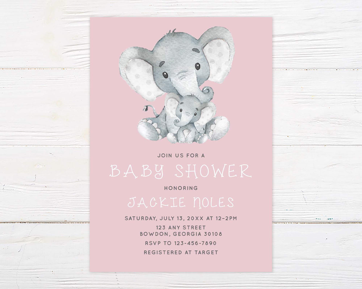 Baby shower invitation with watercolor-style baby elephant design and personalized event details, professionally printed on high-quality cardstock