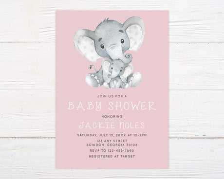 Baby shower invitation with watercolor-style baby elephant design and personalized event details, professionally printed on high-quality cardstock