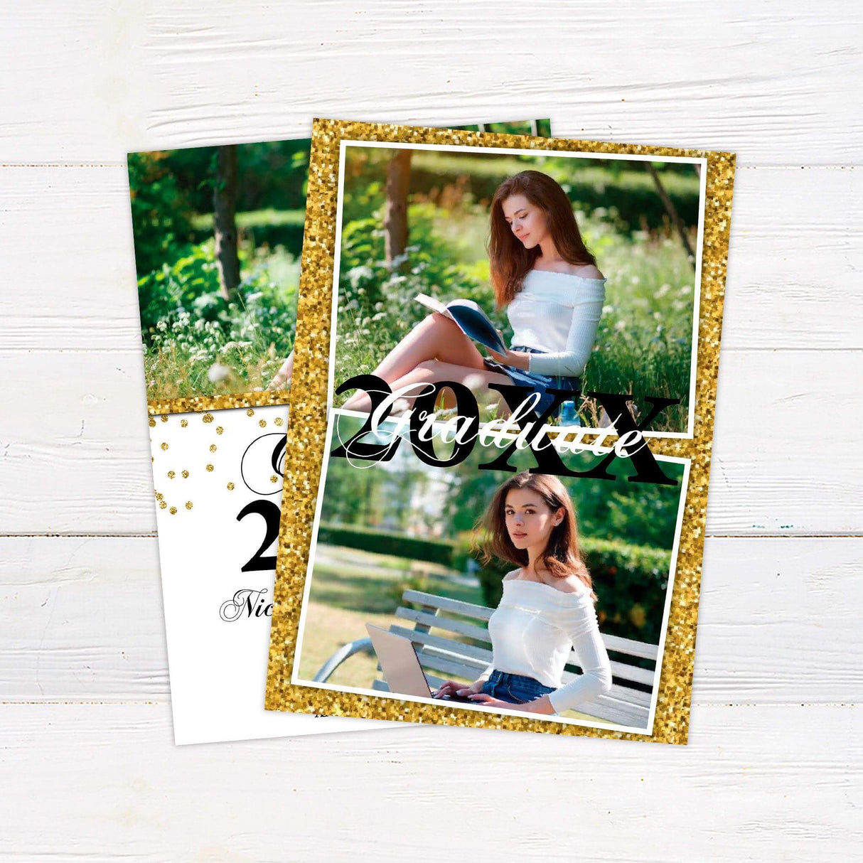 Elegant graduation invitation featuring a customizable photo at the top with a sparkling glitter accent. The bottom half includes "Class of 20XX" in a bold, decorative script, with space for the graduate’s name, school, ceremony date, time, and location details. The design includes gold glitter embellishments for a celebratory touch. Back Gold.
