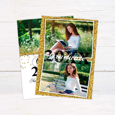 Elegant graduation invitation featuring a customizable photo at the top with a sparkling glitter accent. The bottom half includes "Class of 20XX" in a bold, decorative script, with space for the graduate’s name, school, ceremony date, time, and location details. The design includes gold glitter embellishments for a celebratory touch. Back Gold.