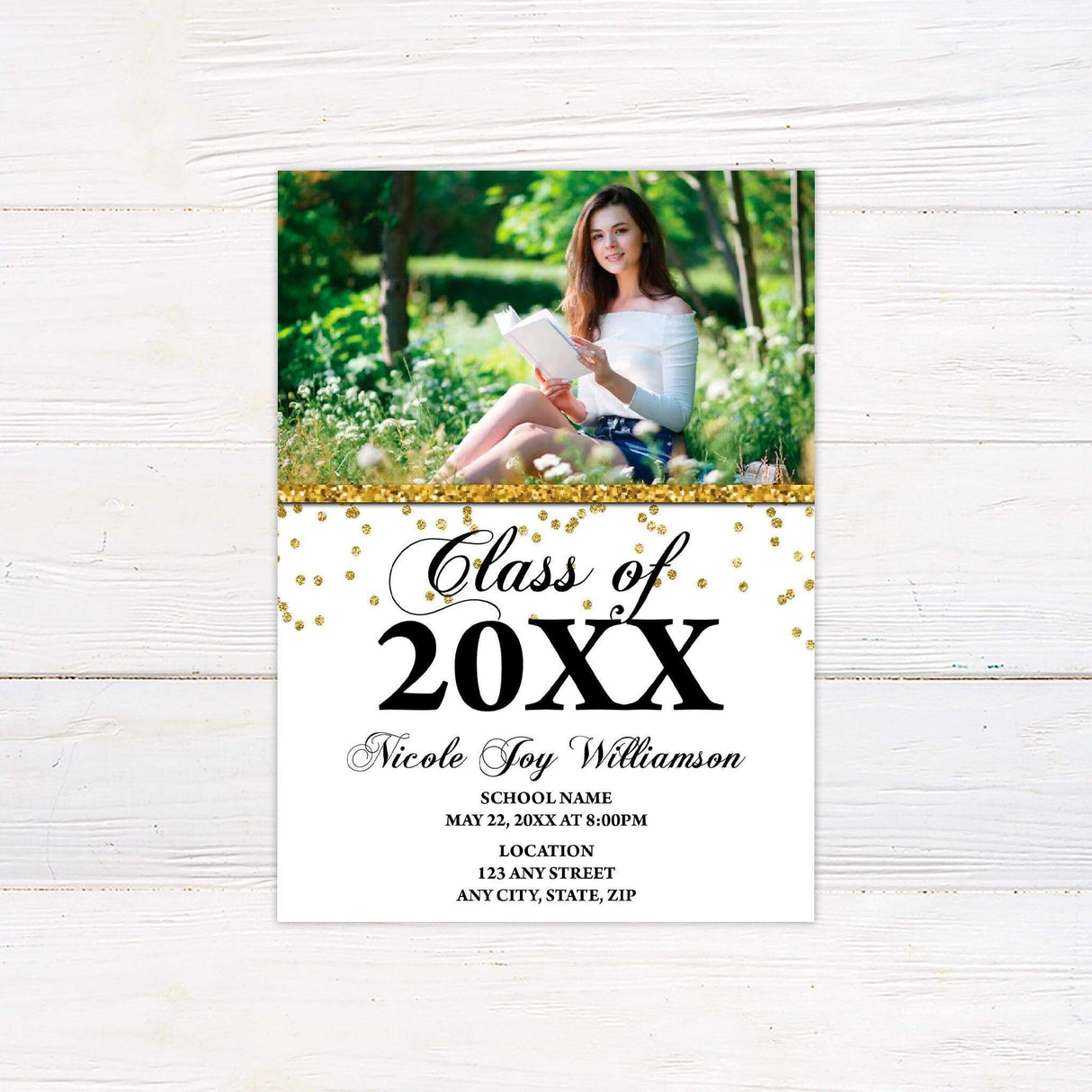 Elegant graduation invitation featuring a customizable photo at the top with a sparkling glitter accent. The bottom half includes "Class of 20XX" in a bold, decorative script, with space for the graduate’s name, school, ceremony date, time, and location details. The design includes gold glitter embellishments for a celebratory touch. Gold.